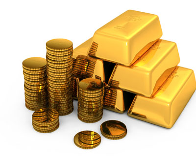 Gold bricks with coins
