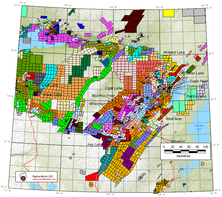 Map of exploration claims and permits in Northern Saskatchewan, as of January 2016. Source: Exploration GIS.