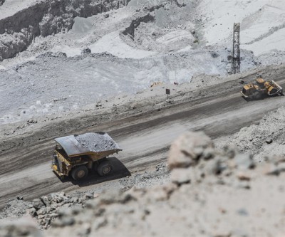 Chile, open pit mine, copper, loaded trucks, aerial view, admin, 900