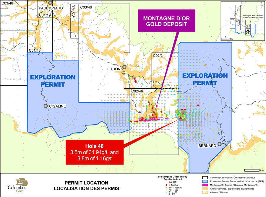 Exploration permits on strike of the east and west extensions of Montagne d’Or