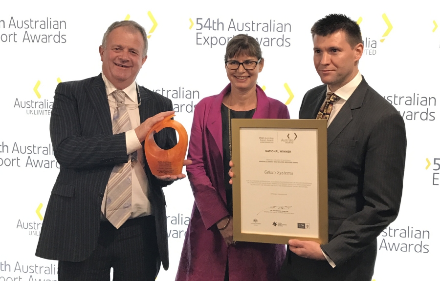 Gekko’s Technical Director Sandy Gray (left) and Managing Director Elizabeth Lewis-Gray with Dr Matthew Steen (right), Director – Economics and Industry Policy, Minerals Council of Australia 