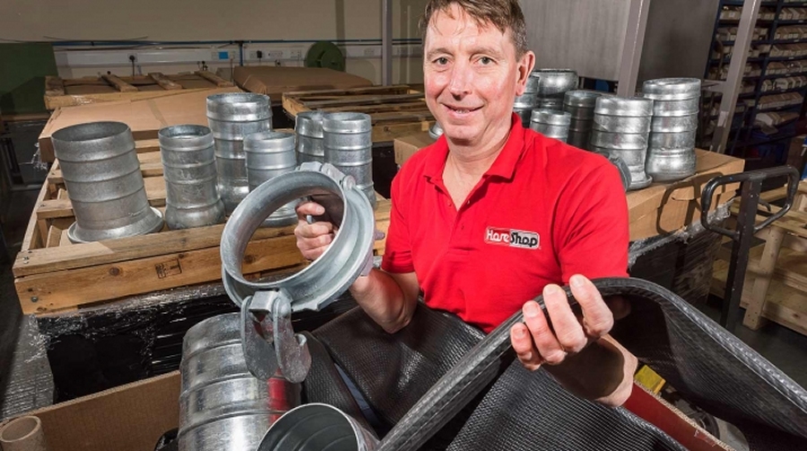 Hoseshop’s Mick Shakespeare in his Harrogate premises with some of the hoses and couplings supplied to a diamond mine in Angola - photo by Giles Rocholl