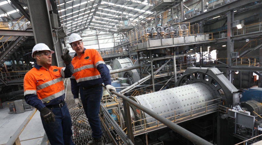 Inside Grange Resources Savage River magnetite concentrator in north-western Tasmania. Upgraded mill to the right of Metso’s Steve Searle & John Aran