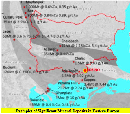 Velocity Minerals - exciting gold play in Bulgaria - Examples of Significant Mineral Deposits in Eastern Europe map