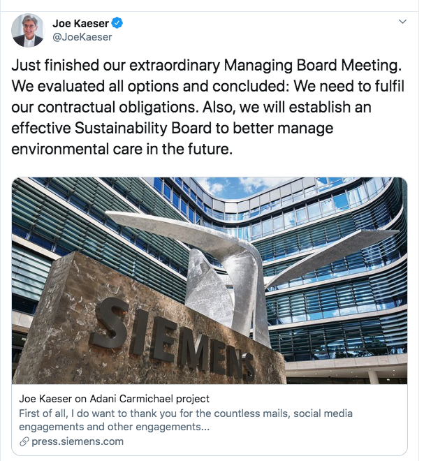 Chief executive, Joe Kaeser, said Adani's Carmichael mine would go ahead with or without Siemens, adding he had to balance stakeholder interests.
