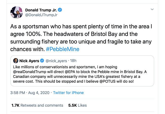 Donald Trump’s son calls for blocking giant Pebble mine