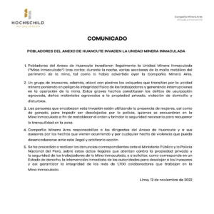 Media statement by Hochschild Mining and Compania Minera Ares, November 12, 2022