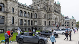 Electric cars outside the British Columbia legislature.