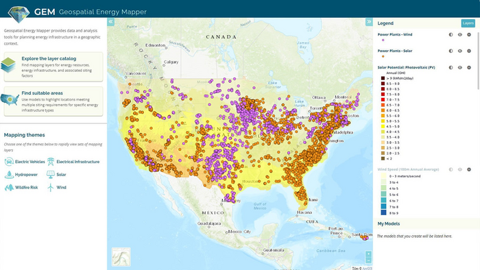 GEM interface showing wind and solar power plant locations with photovoltaic solar potential