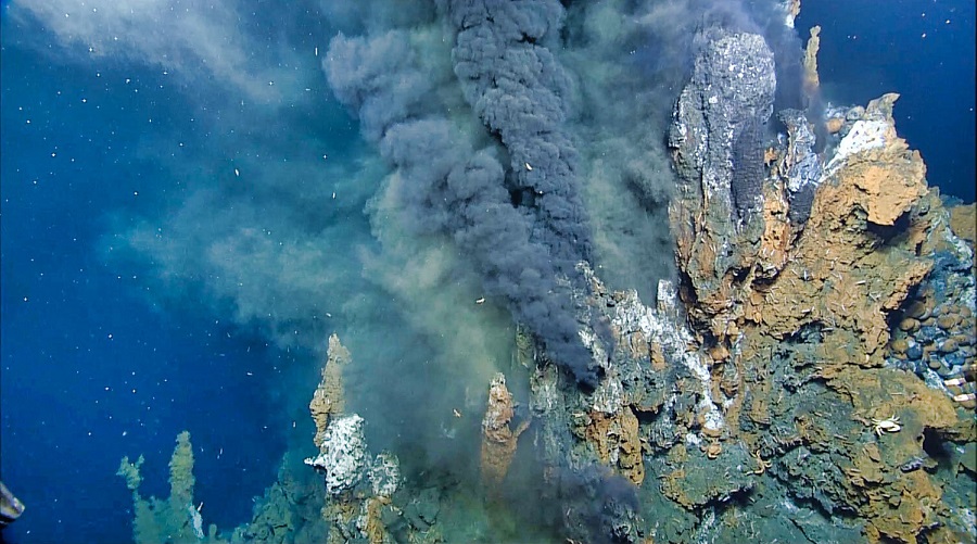 Mineral-laden water emerging from a hydrothermal vent on the Niua underwater volcano in the Lau Basin, southwest Pacific Ocean