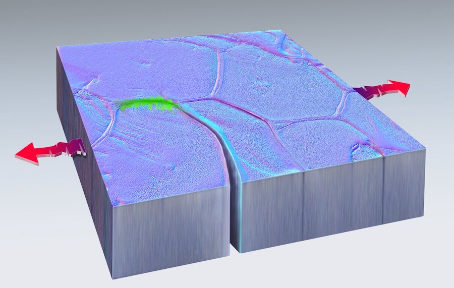 Artistic rendering of nanoscale self-healing in metal,