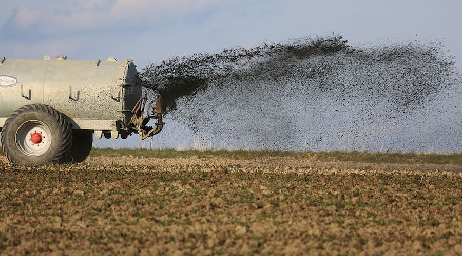 Tractor spreading fertilizer