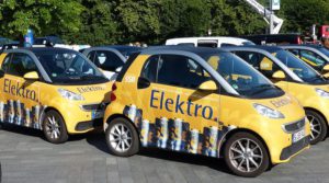 Electric smart cars owned by Stuttgarter Straßenbahnen (SSB) at the WAVE electric cars parade in Stuttgart, Germany