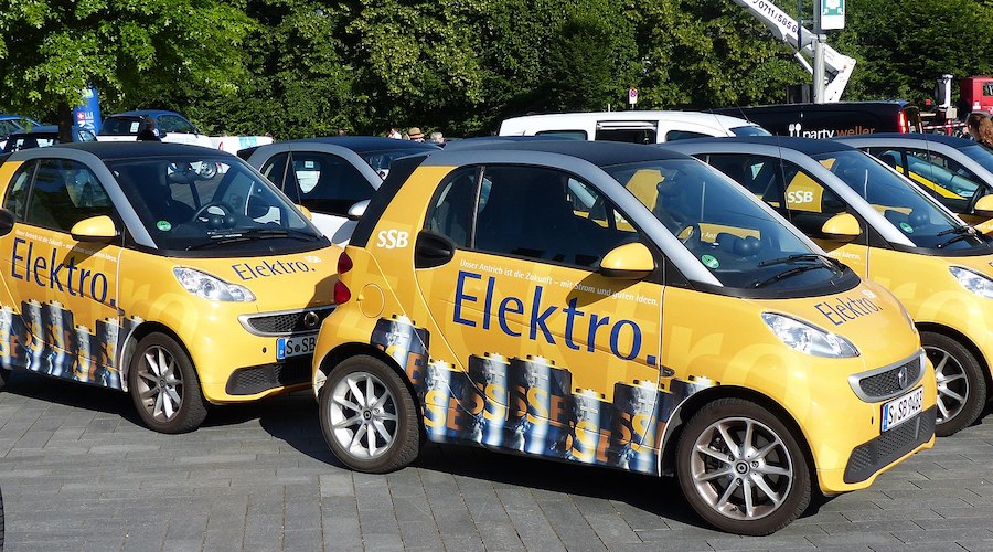 Electric smart cars owned by Stuttgarter Straßenbahnen (SSB) at the WAVE electric cars parade in Stuttgart, Germany