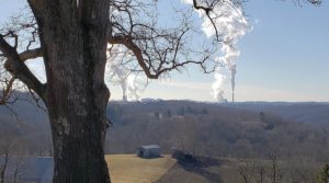 Longview Power Plant on the right, with Fort Martin Power Plant on the left, as viewed from the Pennsylvania state line