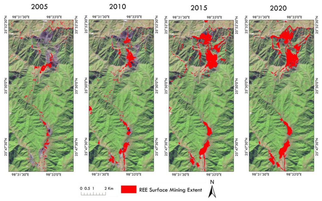 Surface mining extents for 2005, 2010, 2015, and 2020 draped on 2020 Landsat 8 OLI natural color imagery. 