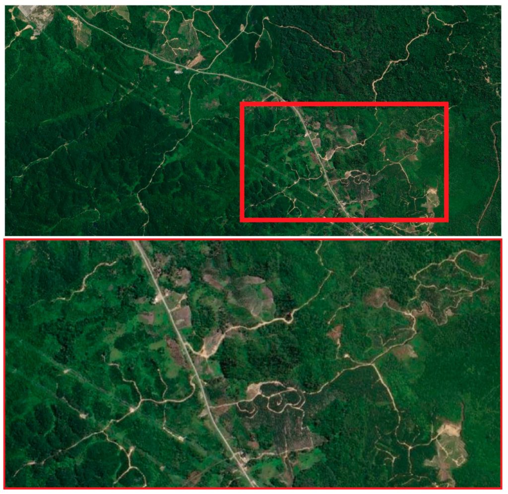 A sampled image at full extent (top) and for a smaller inset area (bottom) featuring clearly discernible land covers and road infrastructure. 