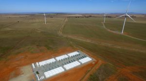 The Hornsdale Power Reserve, a 150 MW grid-connected energy storage system owned by Neoen co-located with the Hornsdale Wind Farm in the Mid North region of South Australia.